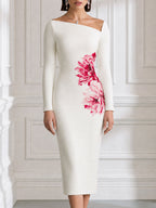 Asymmetric Neck Floral Print Bodycon Midi Dress