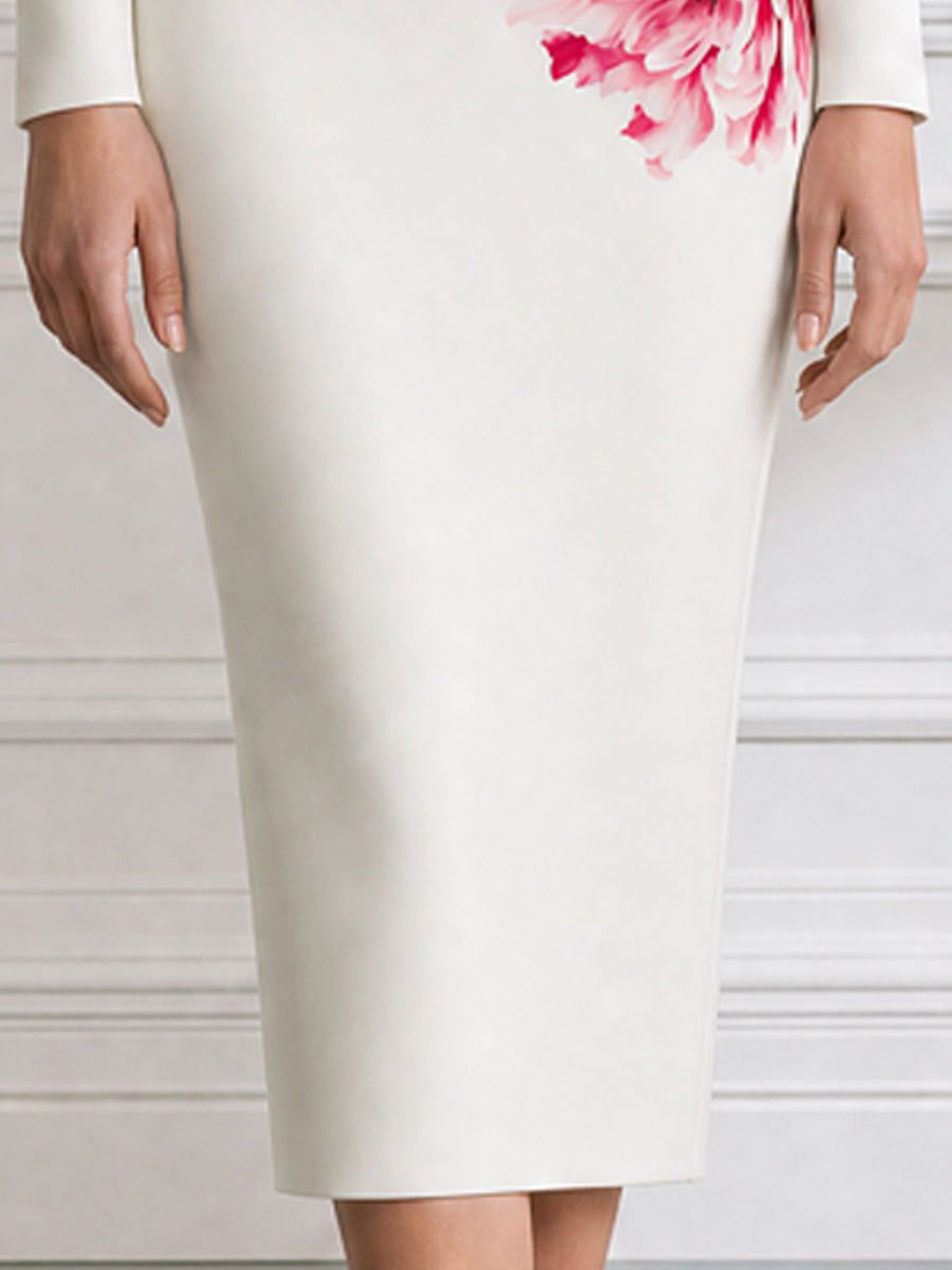 Asymmetric Neck Floral Print Bodycon Midi Dress