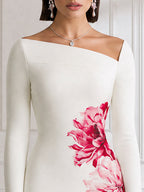 Asymmetric Neck Floral Print Bodycon Midi Dress
