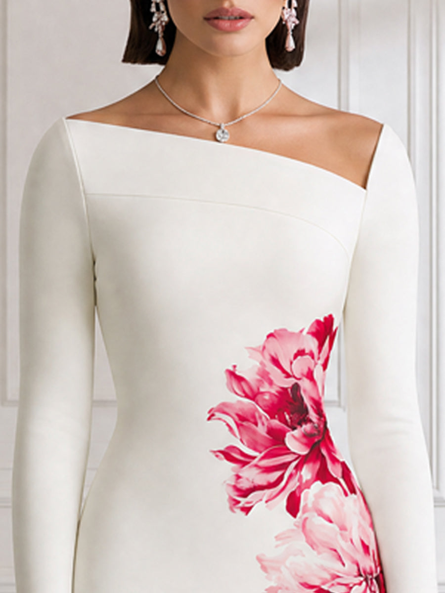 Asymmetric Neck Floral Print Bodycon Midi Dress