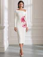 Asymmetric Neck Floral Print Bodycon Midi Dress