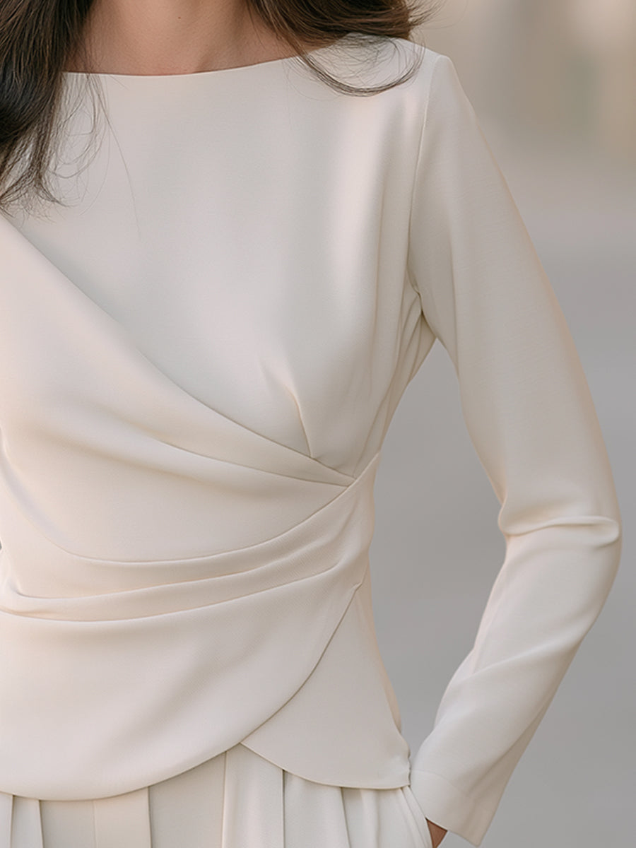 Ivory Draped Twist Front Long Sleeve Top