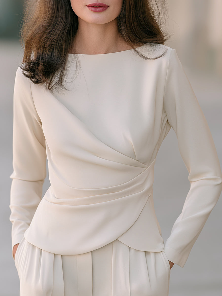Ivory Draped Twist Front Long Sleeve Top
