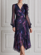 Purple Fall Wedding Guest Dress Floral Organza Sleeve Ruffle Midi Dress