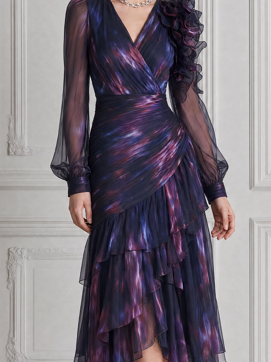 Purple Fall Wedding Guest Dress Floral Organza Sleeve Ruffle Midi Dress