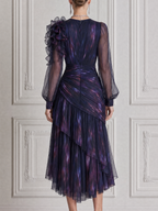 Purple Fall Wedding Guest Dress Floral Organza Sleeve Ruffle Midi Dress