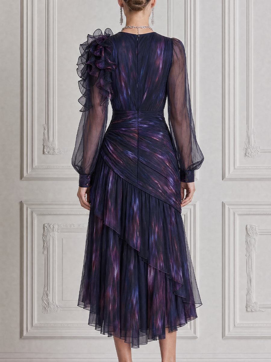 Purple Fall Wedding Guest Dress Floral Organza Sleeve Ruffle Midi Dress