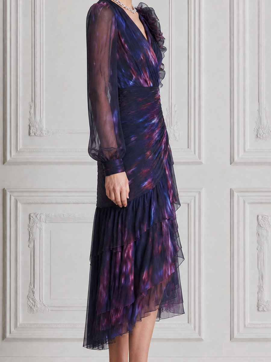Purple Fall Wedding Guest Dress Floral Organza Sleeve Ruffle Midi Dress