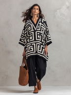 Artisan Cotton Blend Oversized-Fit Monochrome Pattern Poncho Blouse And Pant Set