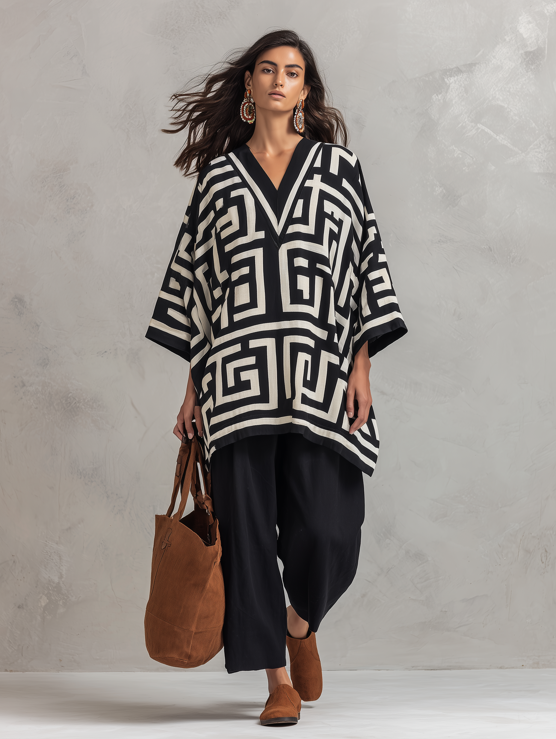 Artisan Cotton Blend Oversized-Fit Monochrome Pattern Poncho Blouse And Pant Set