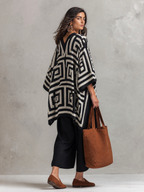Artisan Cotton Blend Oversized-Fit Monochrome Pattern Poncho Blouse And Pant Set