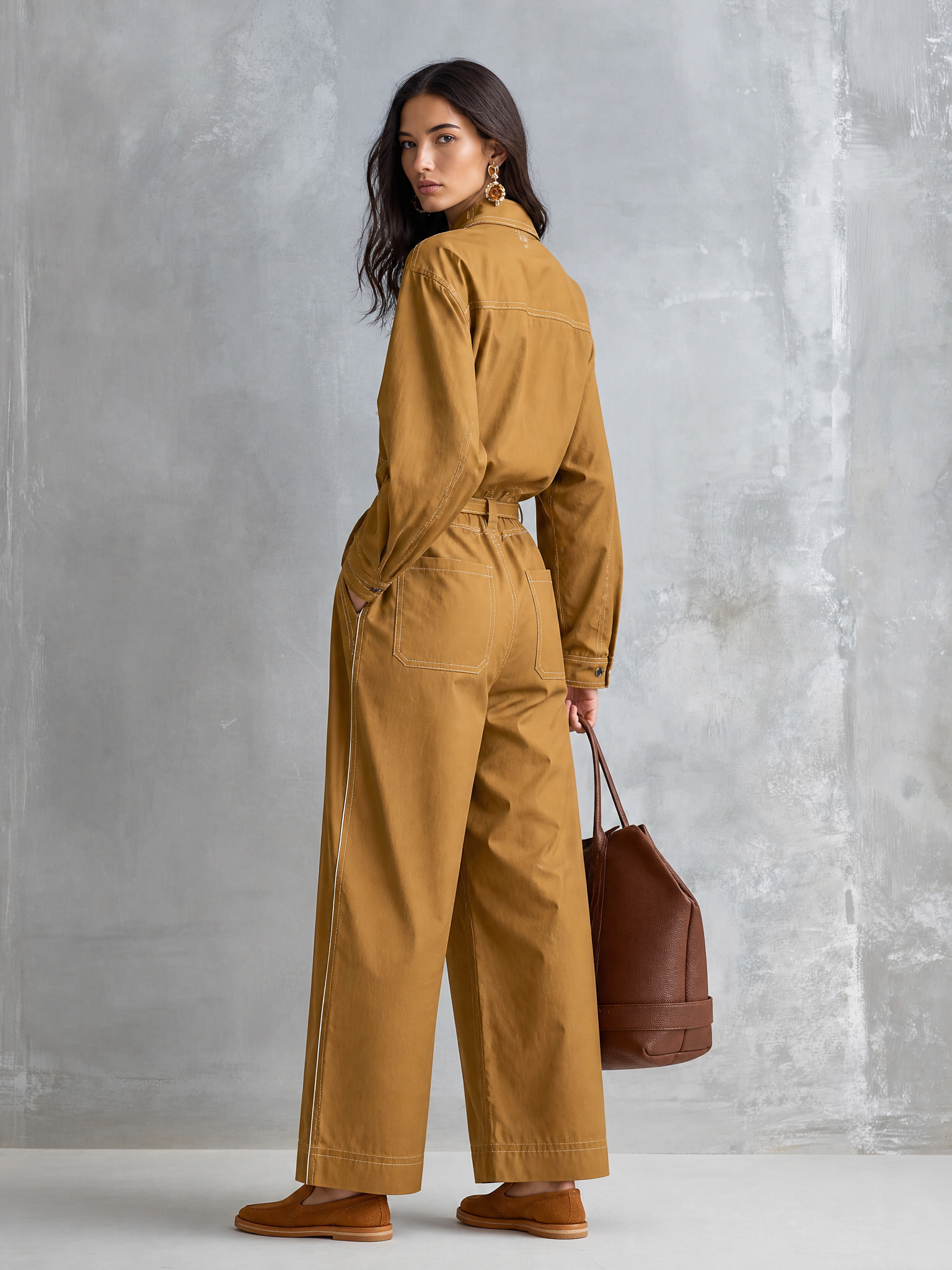 Effortless Cotton Canvas Oversized-Fit Caramel Cargo Jumpsuit