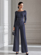 Navy Pinstripe Boat Neck Wide-Leg Jumpsuit