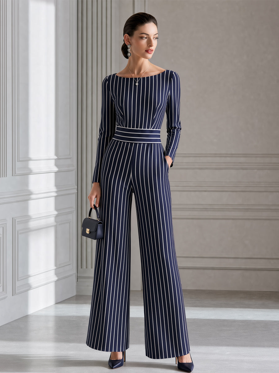 Navy Pinstripe Boat Neck Wide-Leg Jumpsuit