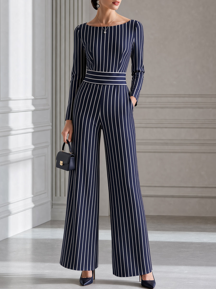 Navy Pinstripe Boat Neck Wide-Leg Jumpsuit