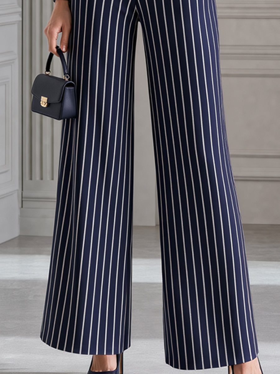 Navy Pinstripe Boat Neck Wide-Leg Jumpsuit