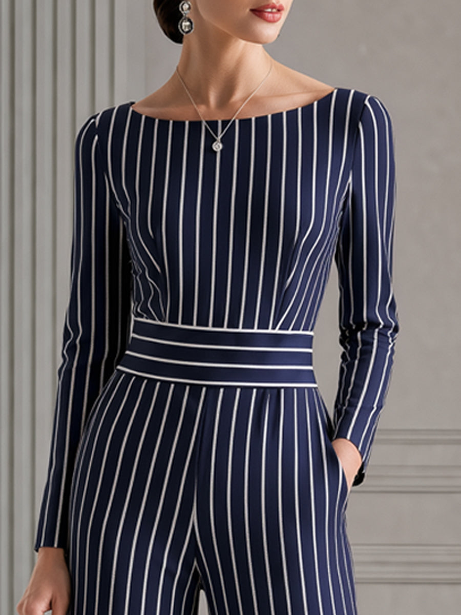 Navy Pinstripe Boat Neck Wide-Leg Jumpsuit