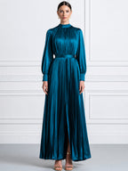 Elegant Long Sleeve Satin Pleated Maxi Dress with Belt