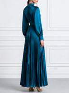 Elegant Long Sleeve Satin Pleated Maxi Dress with Belt