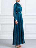 Elegant Long Sleeve Satin Pleated Maxi Dress with Belt