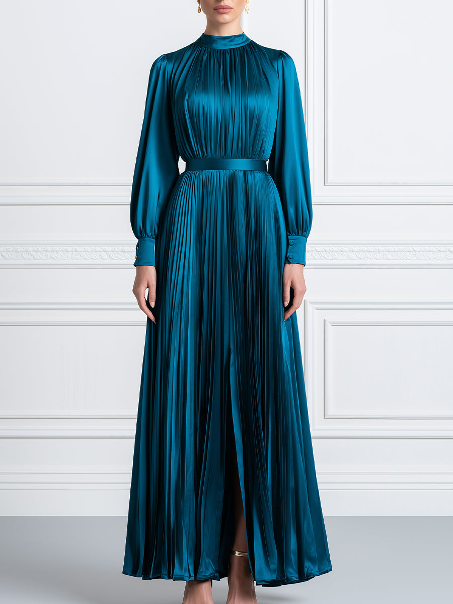 Elegant Long Sleeve Satin Pleated Maxi Dress with Belt