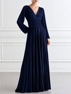 Navy Pleated V-Neck Long Sleeve Maxi Evening Gown