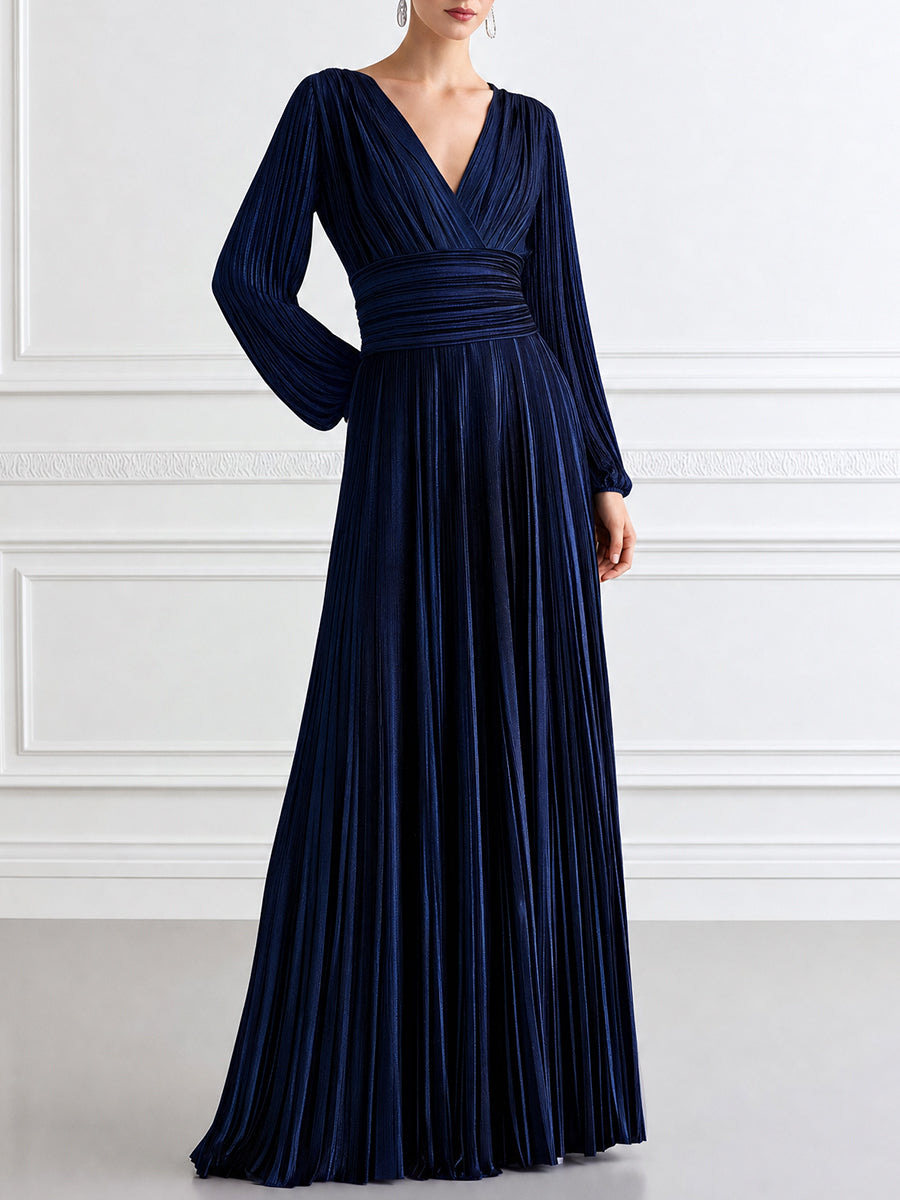Navy Pleated V-Neck Long Sleeve Maxi Evening Gown