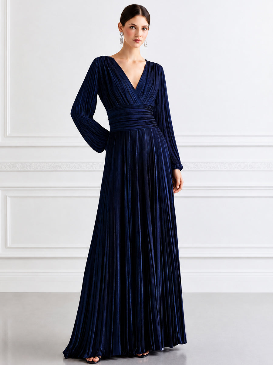 Navy Pleated V-Neck Long Sleeve Maxi Evening Gown