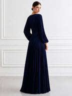 Navy Pleated V-Neck Long Sleeve Maxi Evening Gown