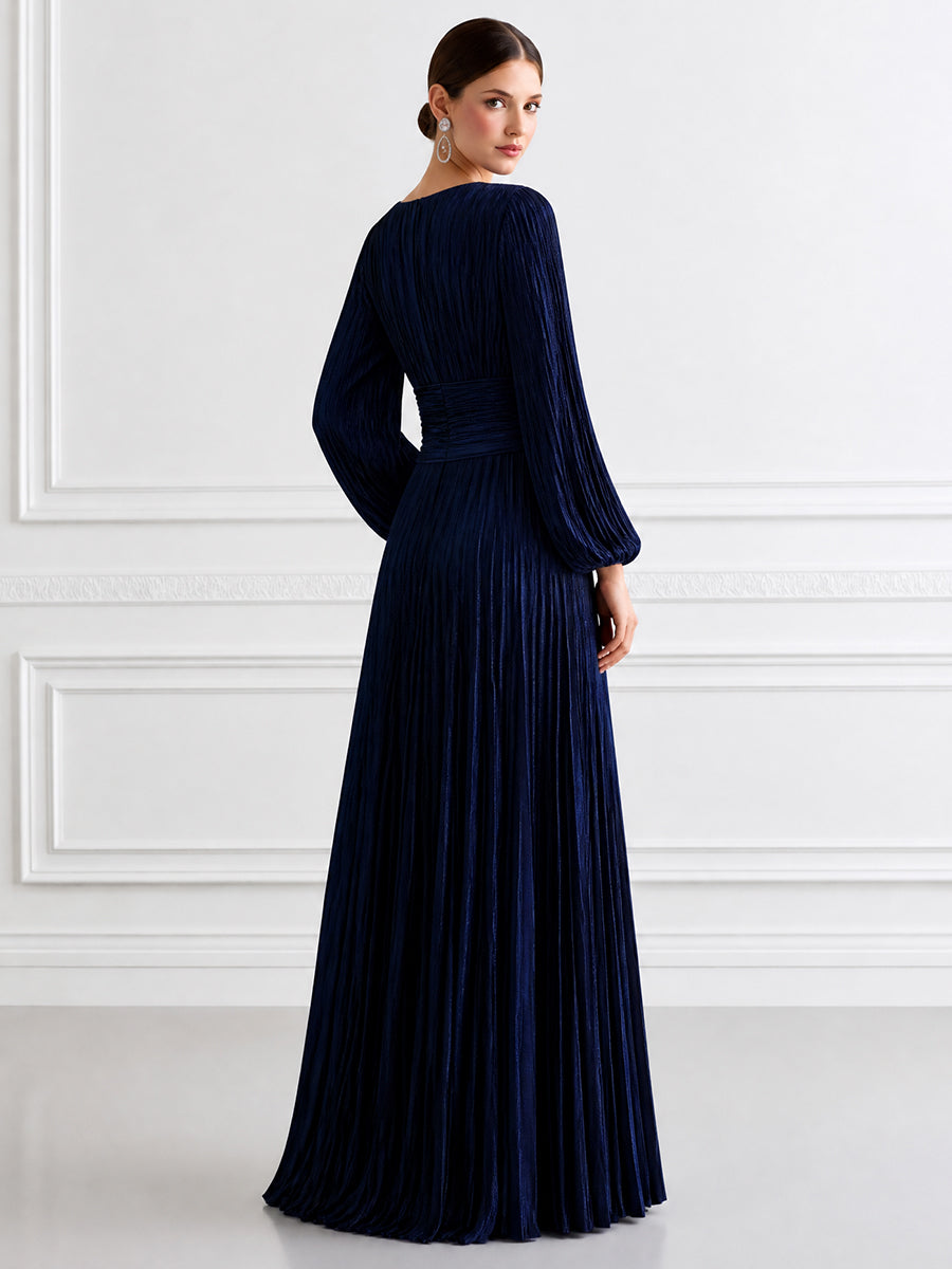 Navy Pleated V-Neck Long Sleeve Maxi Evening Gown