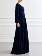 Navy Pleated V-Neck Long Sleeve Maxi Evening Gown
