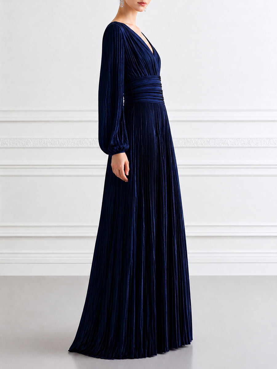Navy Pleated V-Neck Long Sleeve Maxi Evening Gown