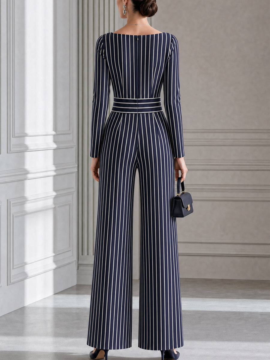 Navy Pinstripe Boat Neck Wide-Leg Jumpsuit