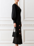 Elegant V-Neck Lantern Sleeve Floral Embroidered Bodycon Midi Dress