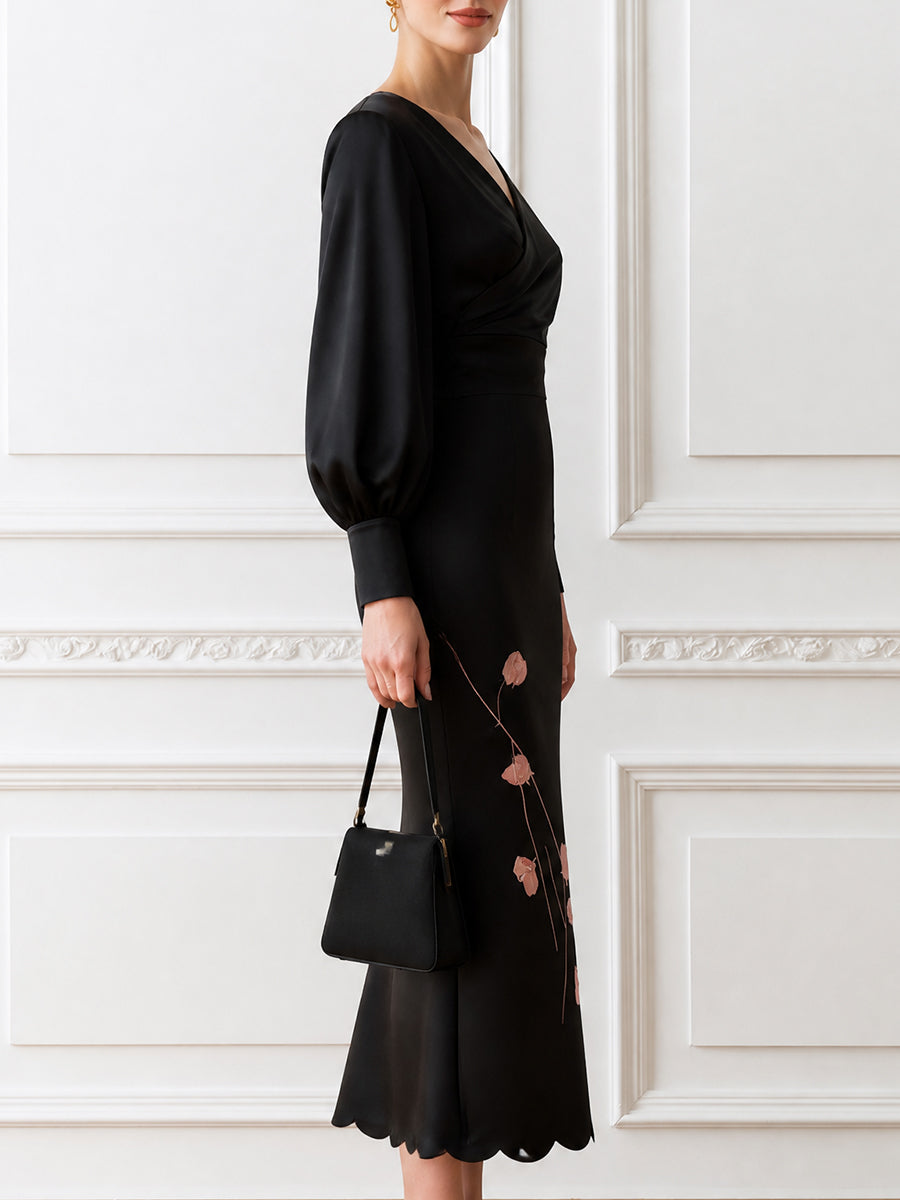 Elegant V-Neck Lantern Sleeve Floral Embroidered Bodycon Midi Dress