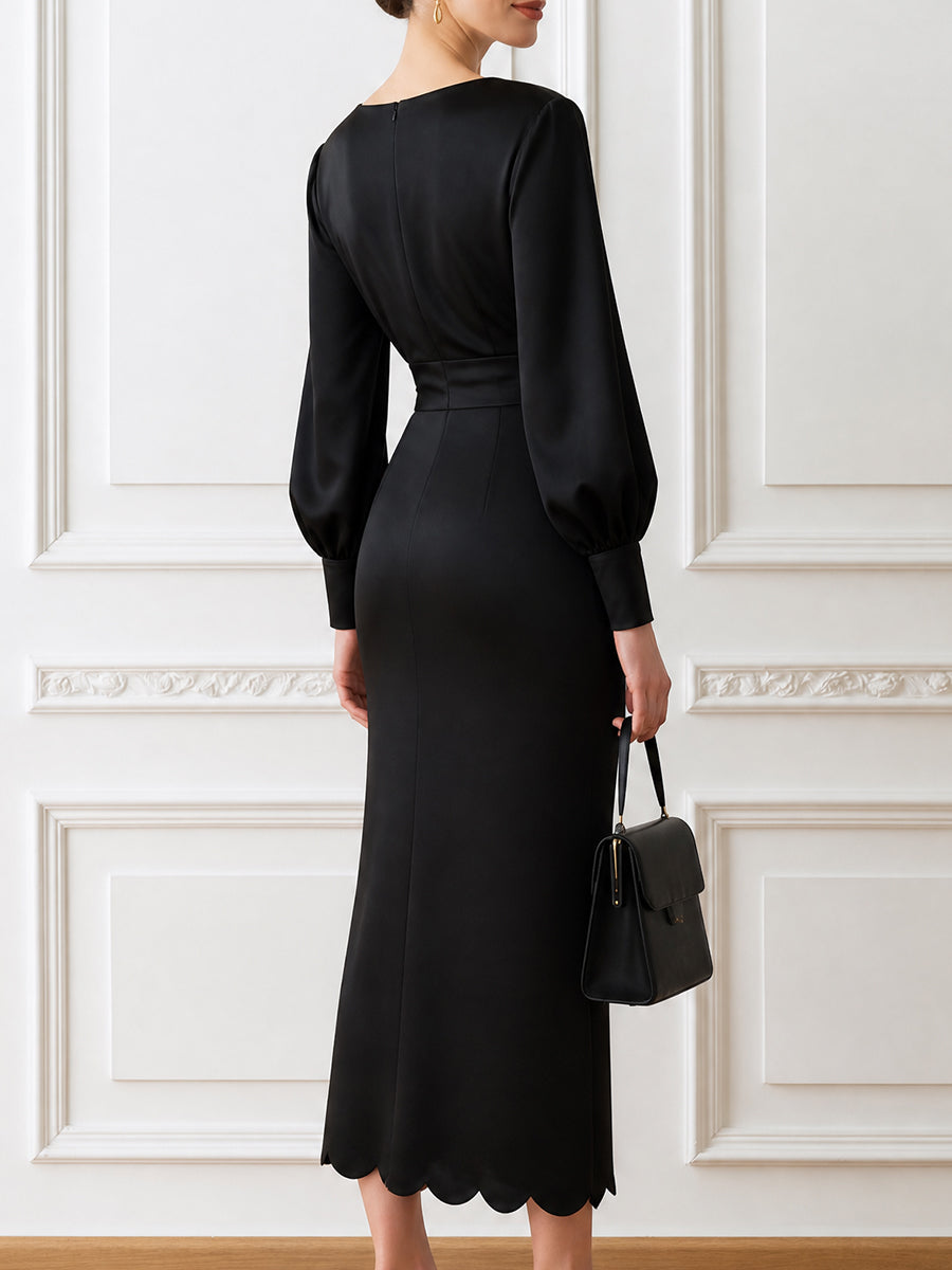 Elegant V-Neck Lantern Sleeve Floral Embroidered Bodycon Midi Dress