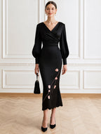 Elegant V-Neck Lantern Sleeve Floral Embroidered Bodycon Midi Dress