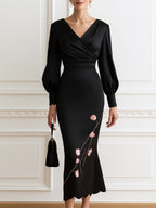 Elegant V-Neck Lantern Sleeve Floral Embroidered Bodycon Midi Dress