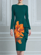 Green Fall Wedding Guest Dress Orange Floral Peplum Pencil Midi Dress