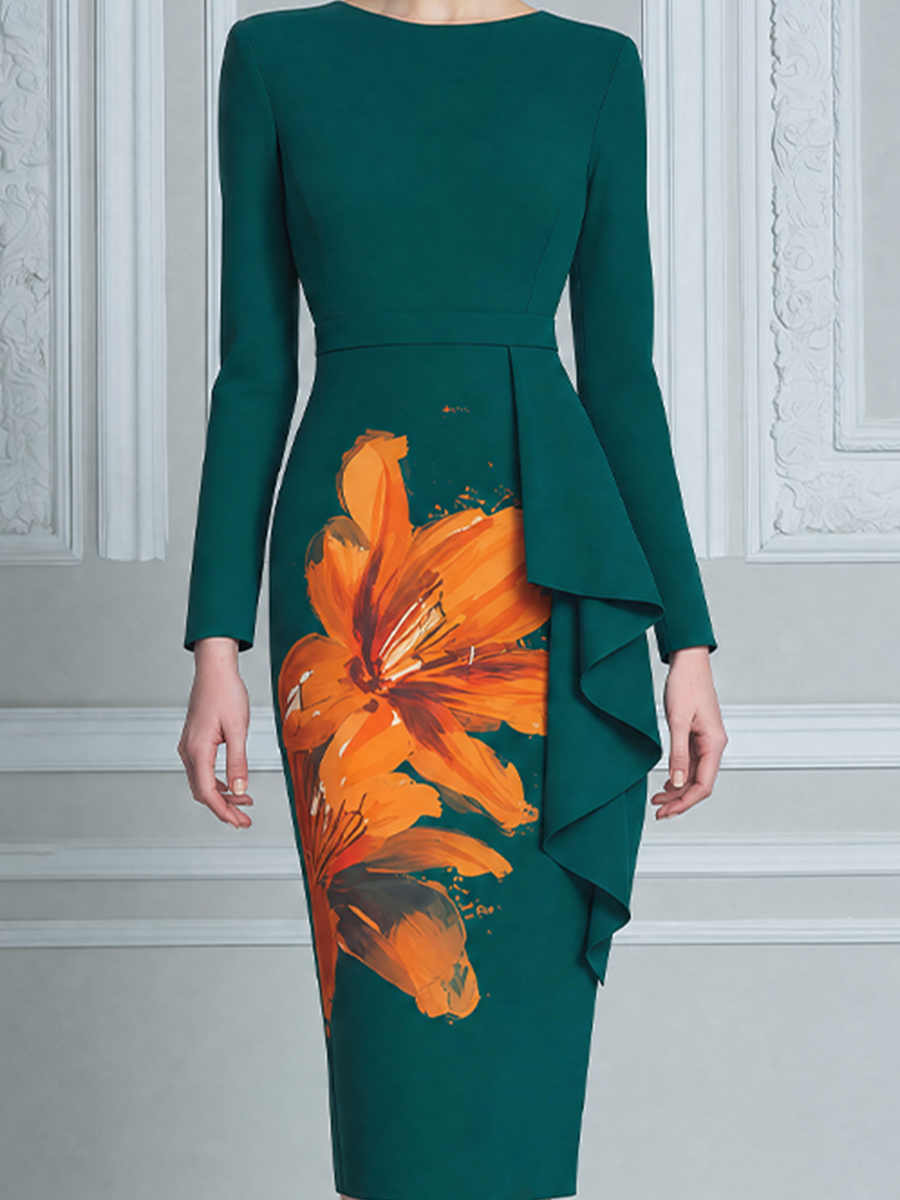 Green Fall Wedding Guest Dress Orange Floral Peplum Pencil Midi Dress