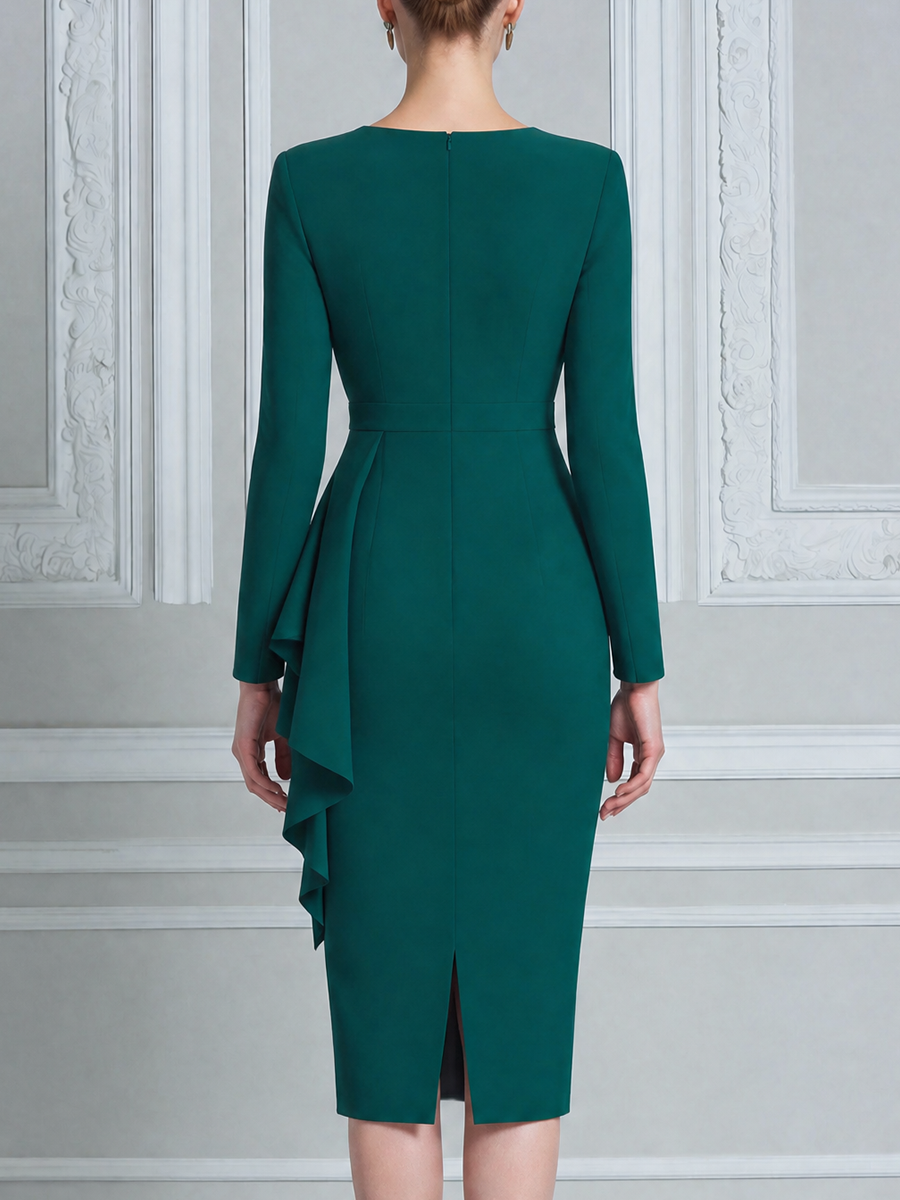 Green Fall Wedding Guest Dress Orange Floral Peplum Pencil Midi Dress