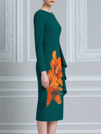 Green Fall Wedding Guest Dress Orange Floral Peplum Pencil Midi Dress