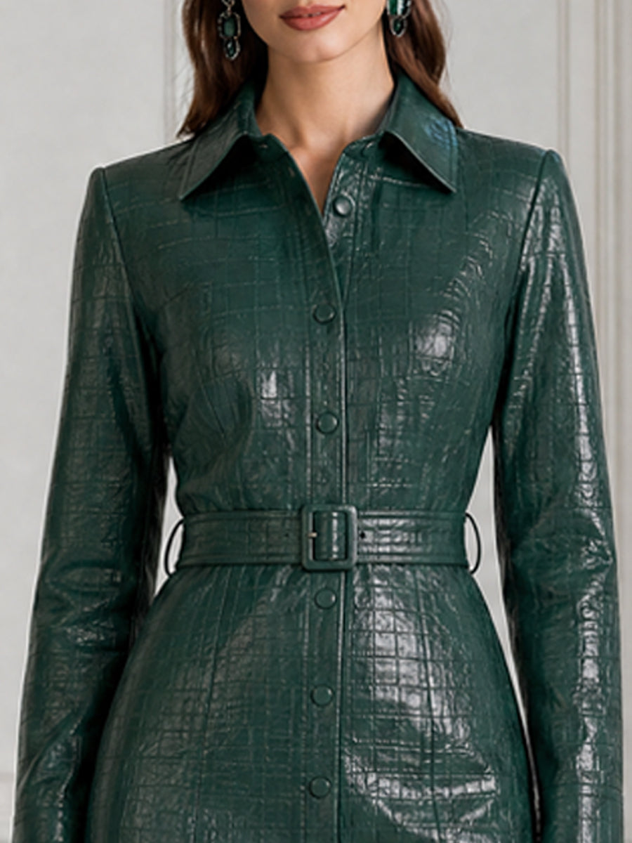 Croc-Embossed Faux Leather Belted Shirt Midi Dress