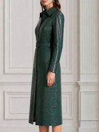 Croc-Embossed Faux Leather Belted Shirt Midi Dress