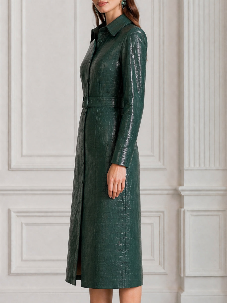 Croc-Embossed Faux Leather Belted Shirt Midi Dress