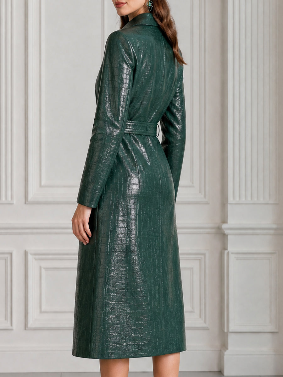Croc-Embossed Faux Leather Belted Shirt Midi Dress