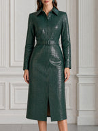 Croc-Embossed Faux Leather Belted Shirt Midi Dress
