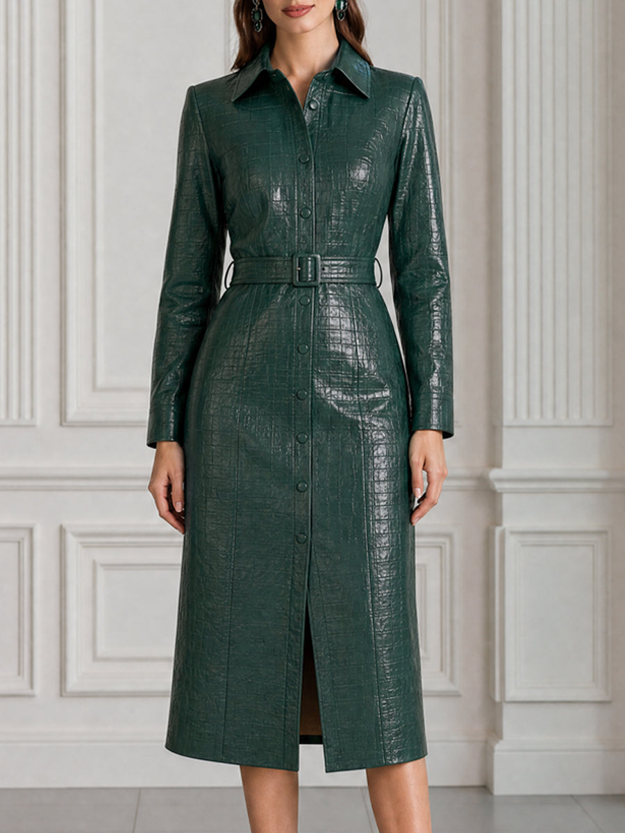 Croc-Embossed Faux Leather Belted Shirt Midi Dress