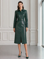 Croc-Embossed Faux Leather Belted Shirt Midi Dress