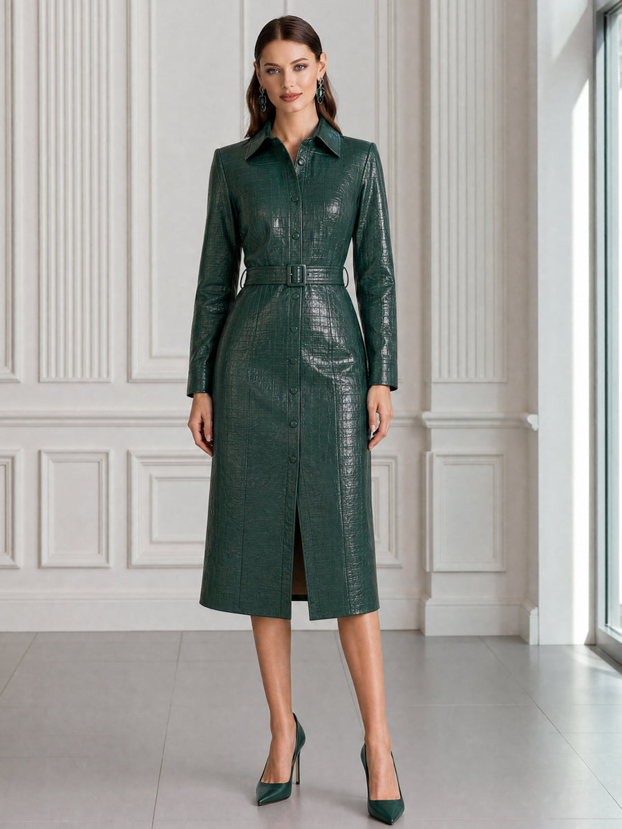 Croc-Embossed Faux Leather Belted Shirt Midi Dress